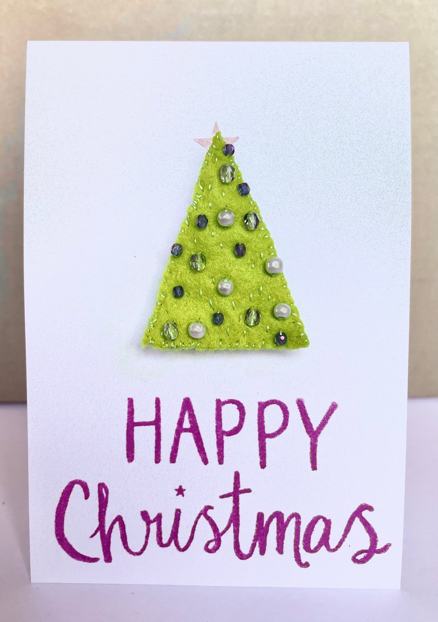 Hand embroidered felt, beaded Christmas tree brooch pin and water coloured card 