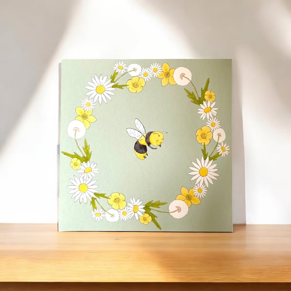 Bee and Flower Print Sage Green Floral Prints