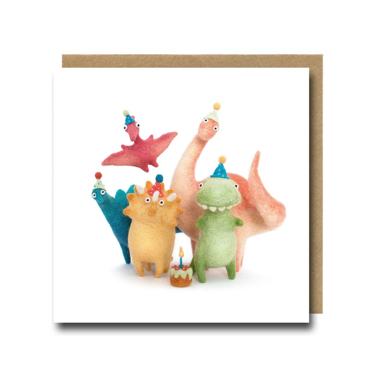 Dinosaur Birthday Card – Funny Needle Felt T-Rex and Friends Party Print