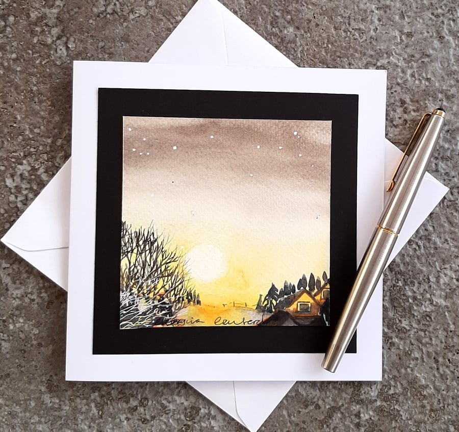 Handpainted Blank Card. Sunset and Trees. The Card That's Also a Keepsake