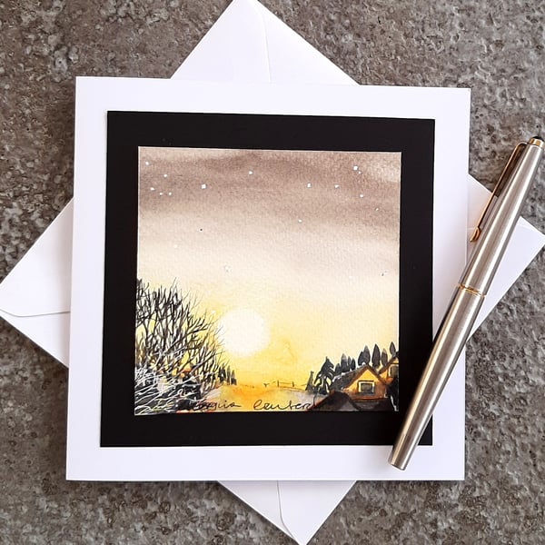 Handpainted Blank Card. Sunset and Trees. The Card That's Also a Keepsake