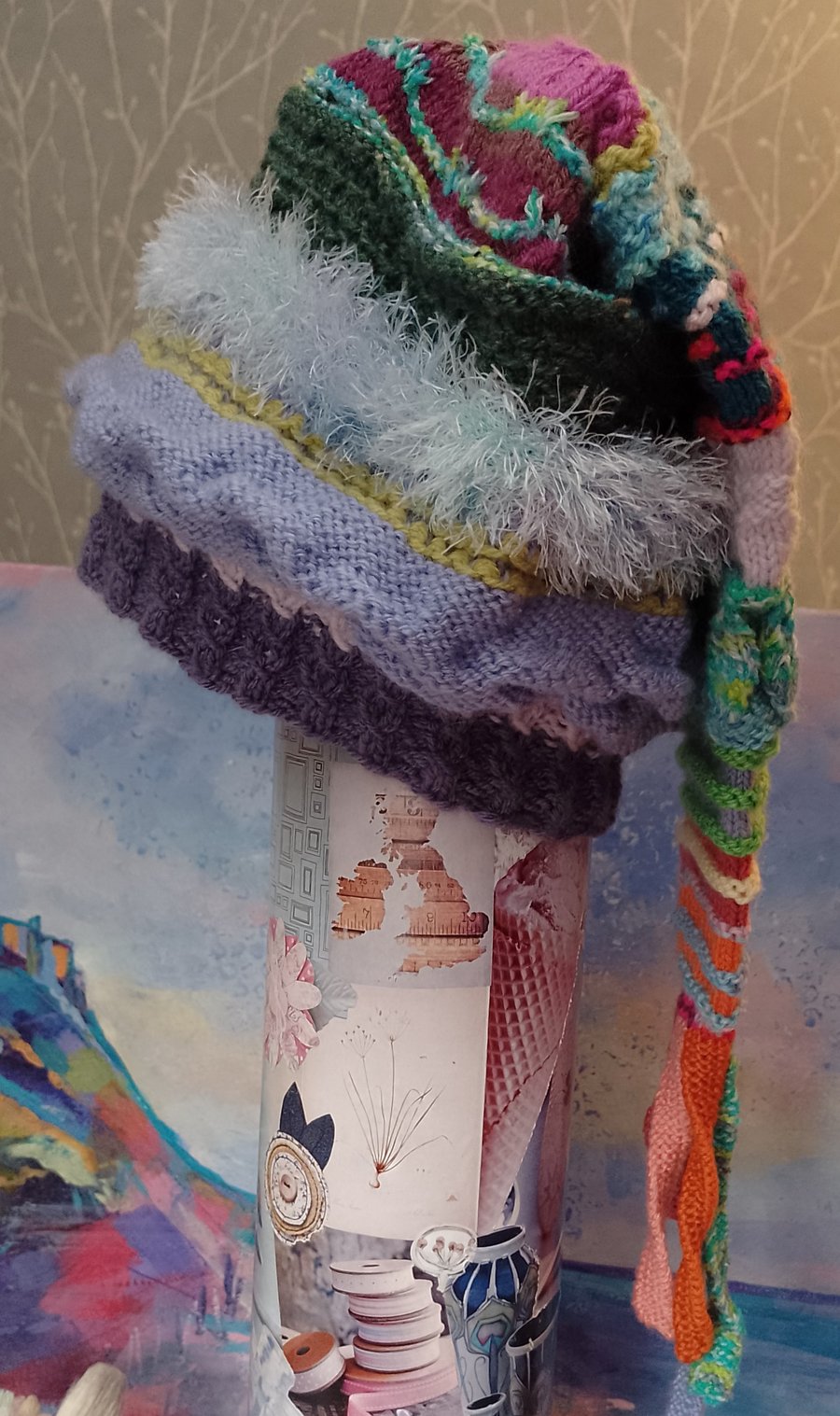 "Carnival" hand knitted trailing hat