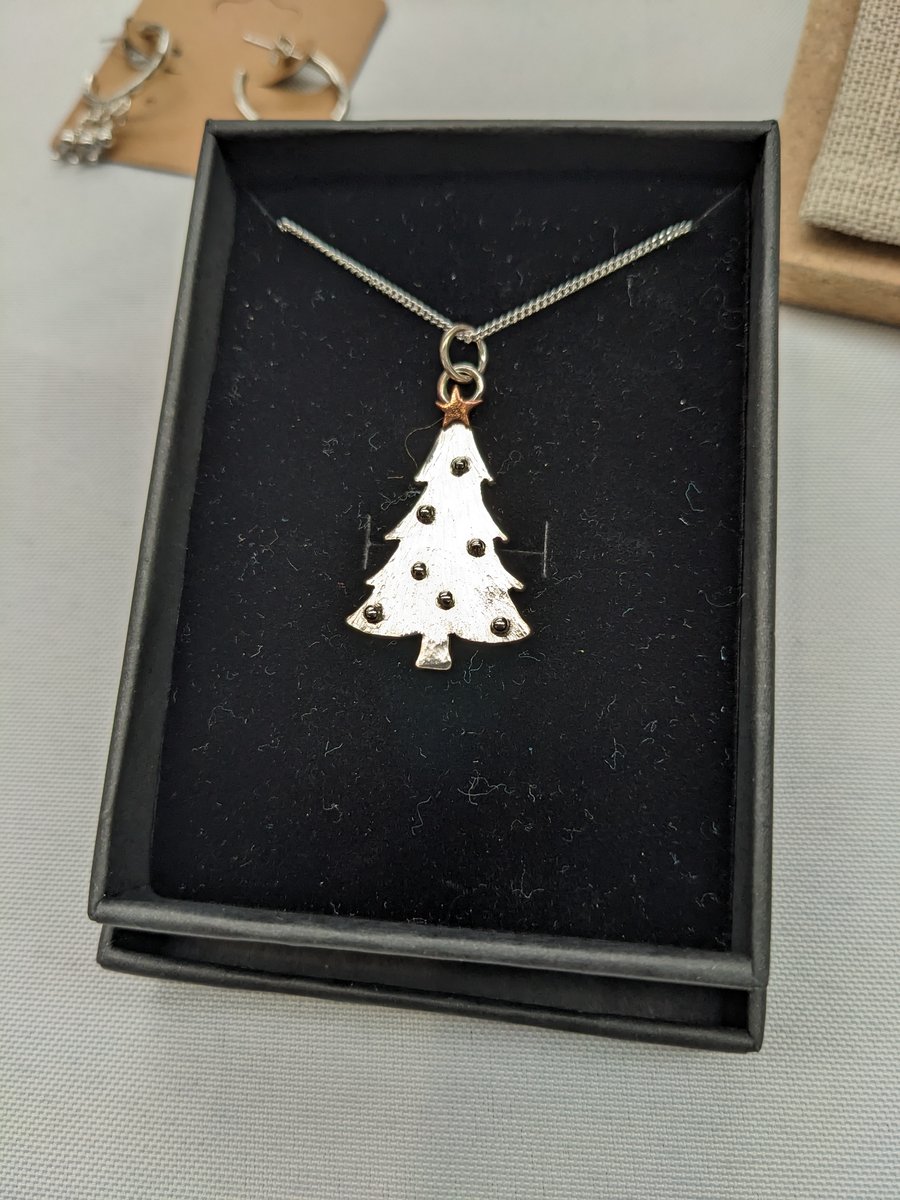 Handcrafted silver and copper Christmas tree pendant