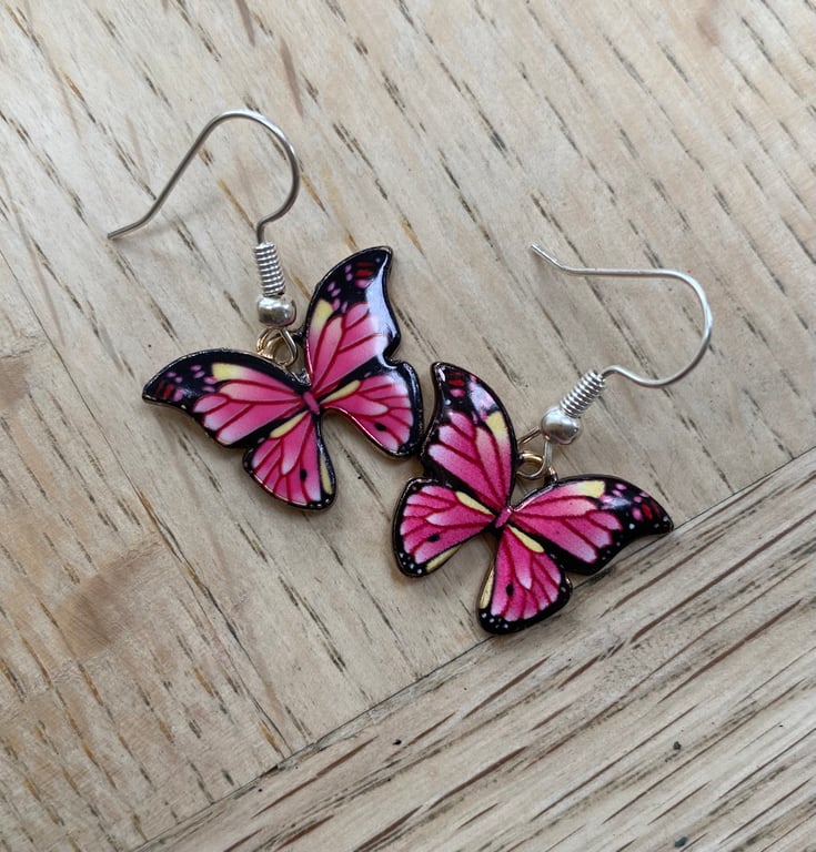 Hot Pink Enamel Butterfly Natural World dangly earrings