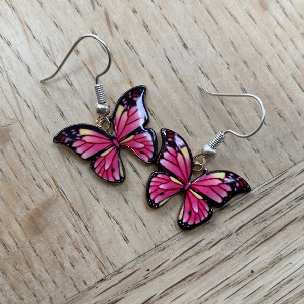 Hot Pink Enamel Butterfly Natural World dangly earrings