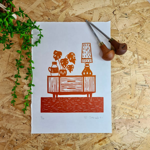 Mid Century Interior A4 Lino print in orange