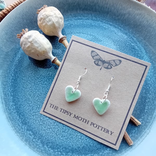Classic heart porcelain clay earrings in pistachio on silver plated hooks