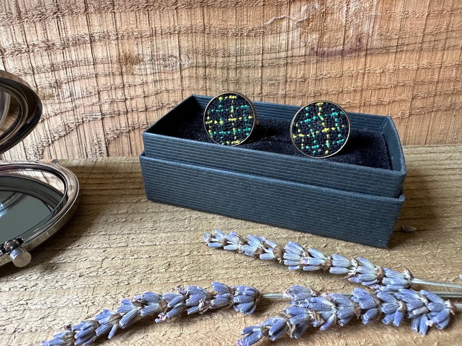 Cufflinks in Hand Dyed & Woven British Wool Black, Green and Yellow Check