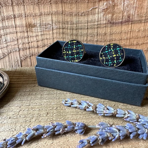 Cufflinks in Hand Dyed & Woven British Wool Black, Green and Yellow Check