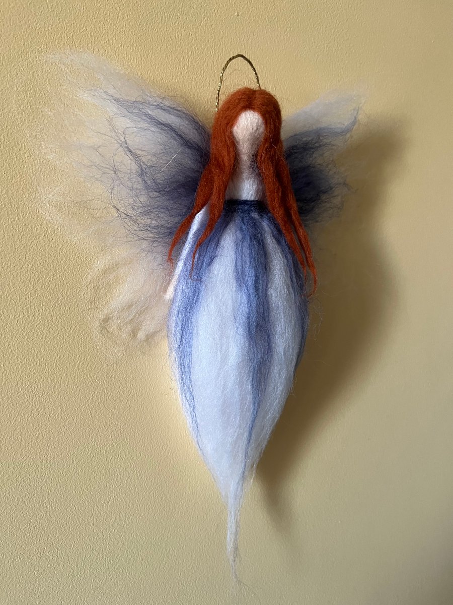 Felted Fairy. White and indigo. Red hair