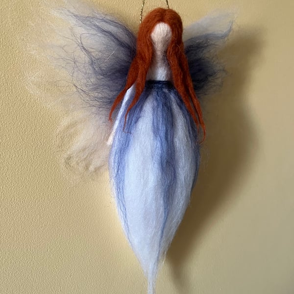 Felted Fairy. White and indigo. Red hair