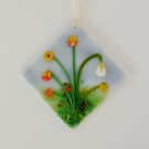 Fused glass mini hanging decoration, orange and yellow flowers, No 3