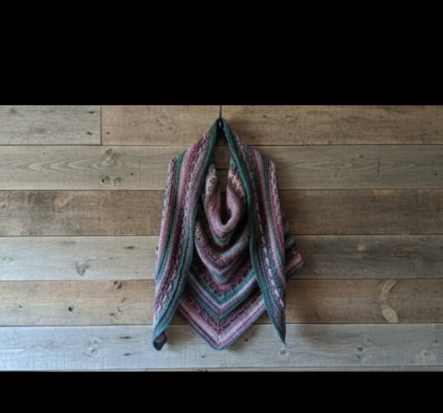 Handmade Crochet Triangle Shawl Scarf Purple Teal Pink Boho Victorian Shell Wrap
