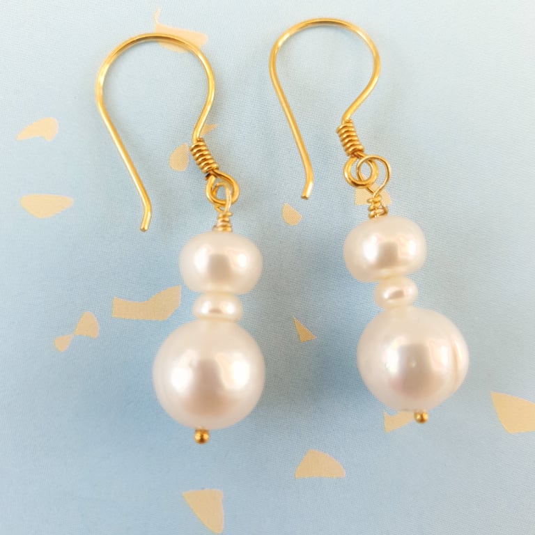 Simple Double Pearl Drop Earrings Gold Vermeil Wedding Event Earrings