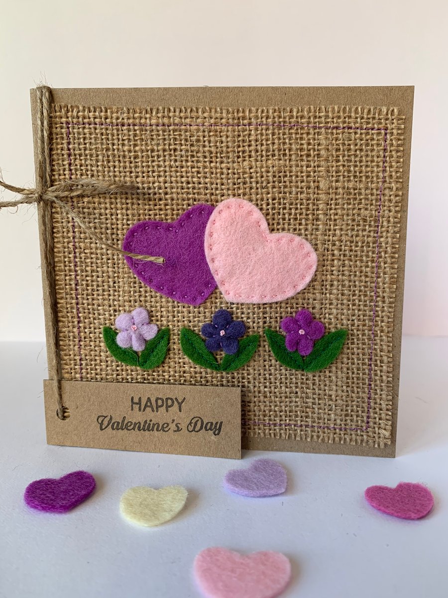 Handmade Valentines card. Hearts and flowers from wool felt. Keepsake card.