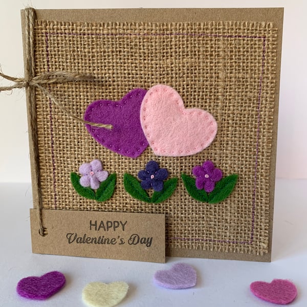 Handmade Valentines card. Hearts and flowers from wool felt. Keepsake card.