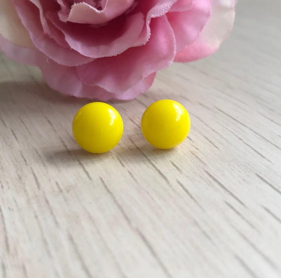 Bright yellow stud earrings, fused glass studs, sterling silver earrings