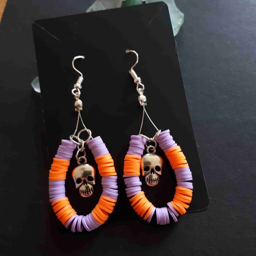 Skull Charm Clay Earrings Purple & Orange, Dangle Drop, Halloween Holiday, A55