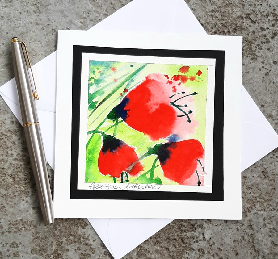 Handpainted Blank Card. Abstract Poppies. The Card That's Also A Keepsake