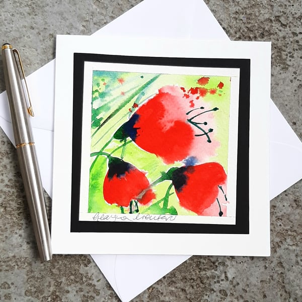 Handpainted Blank Card. Abstract Poppies. The Card That's Also A Keepsake