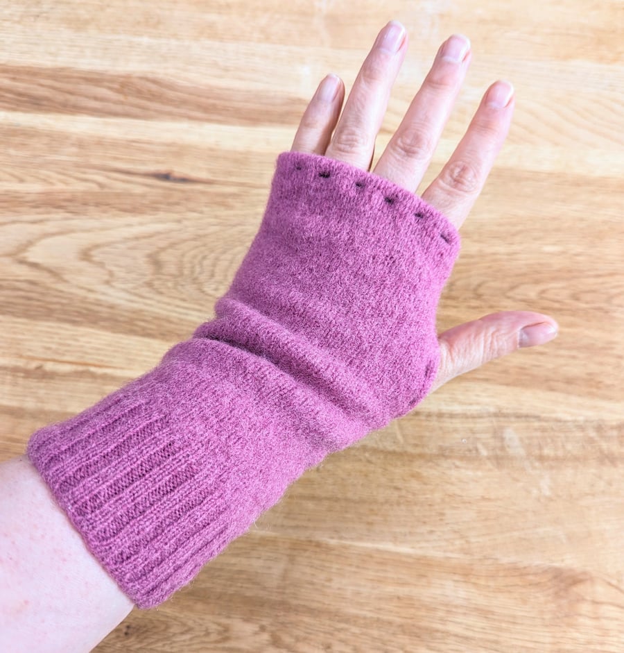 Warm Rose Pink Wool Wrist Warmers Upcycled from recycled knitwear 