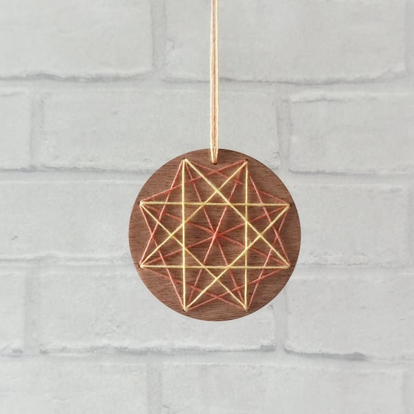 Embroidered Dream Wheel, Geometric Star, Wooden Hanging Decoration, String Art 