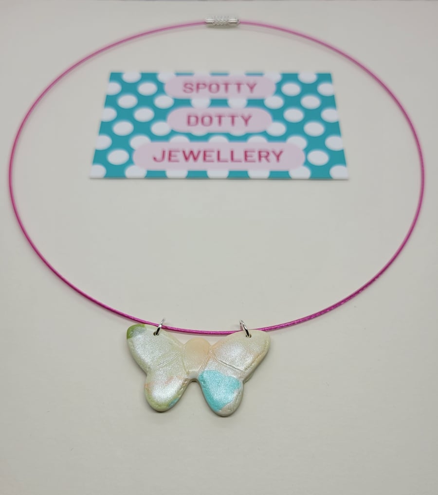 Pastel Shimmer Polymer Clay Butterfly Pendant Chocker 
