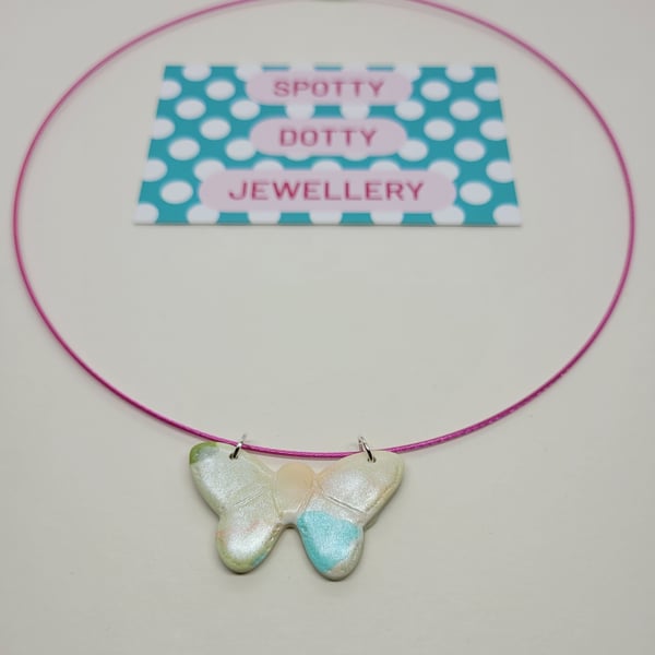 Pastel Shimmer Polymer Clay Butterfly Pendant Chocker 