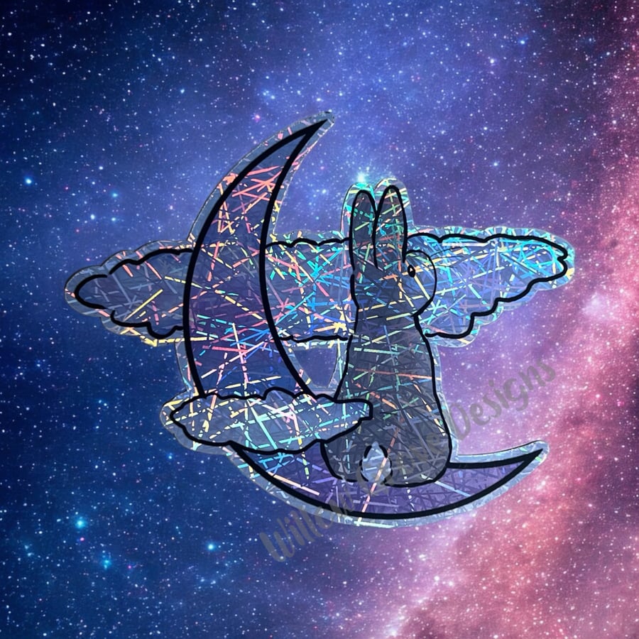 Criss cross holo Bunny sat on moon bunny sticker large