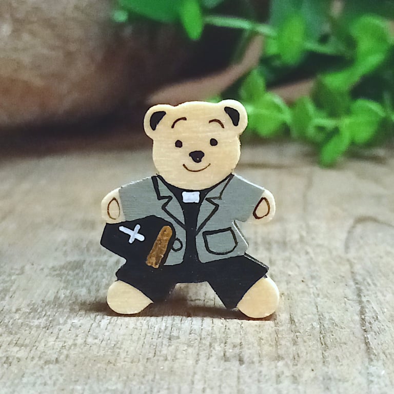 Vicar and Bible Bear, Handmade Teddy Bear Badge Pin, Thank You Gift For Vicar