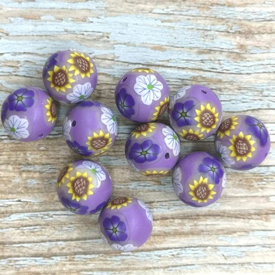 Purple Polymer Clay Millefiori Flower Beads