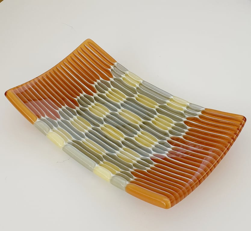 Fused glass strip-cut patterned decorative dish