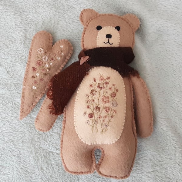 Hand embroidered wool felt teddy bear & heart, Handmade animal doll.birthday 