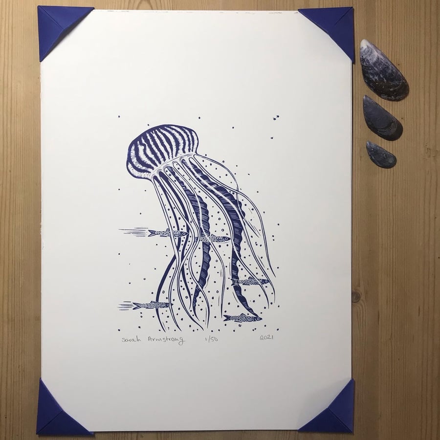 Limited Edition Jellyfish & Sardines Lino Print