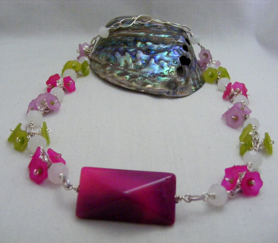 Pinks and Green Flower Necklace