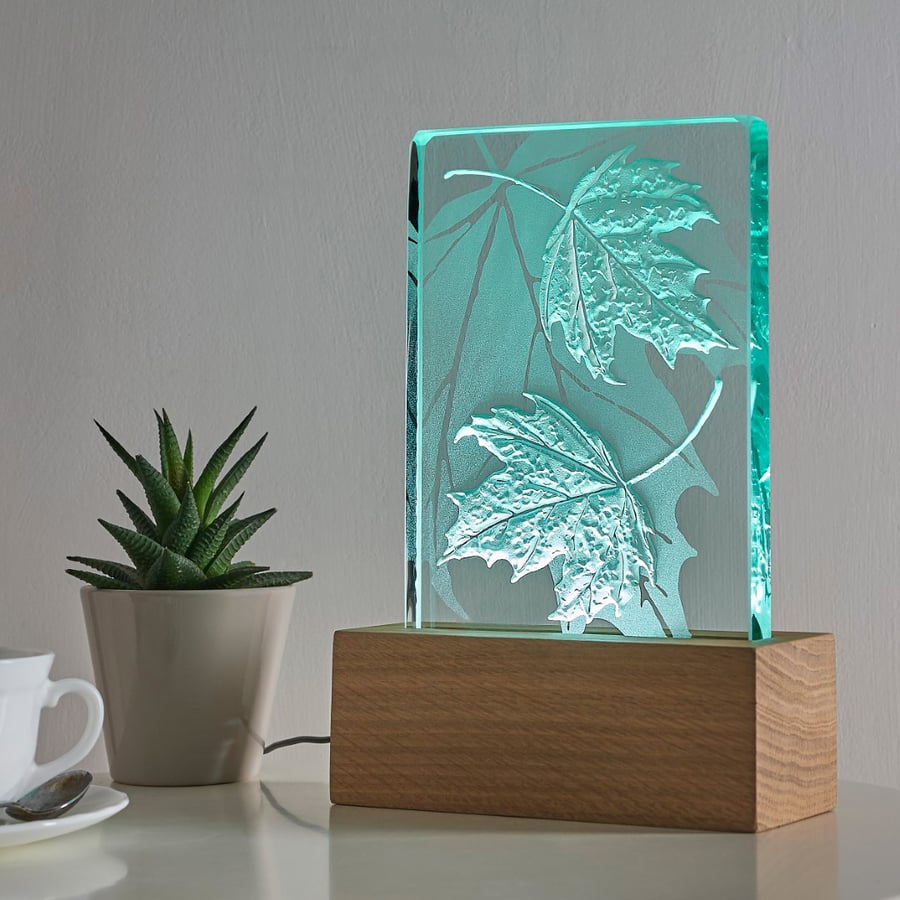 Maple Leaf Design Engraved Glass Wood LED Table Light By Tim Carter 