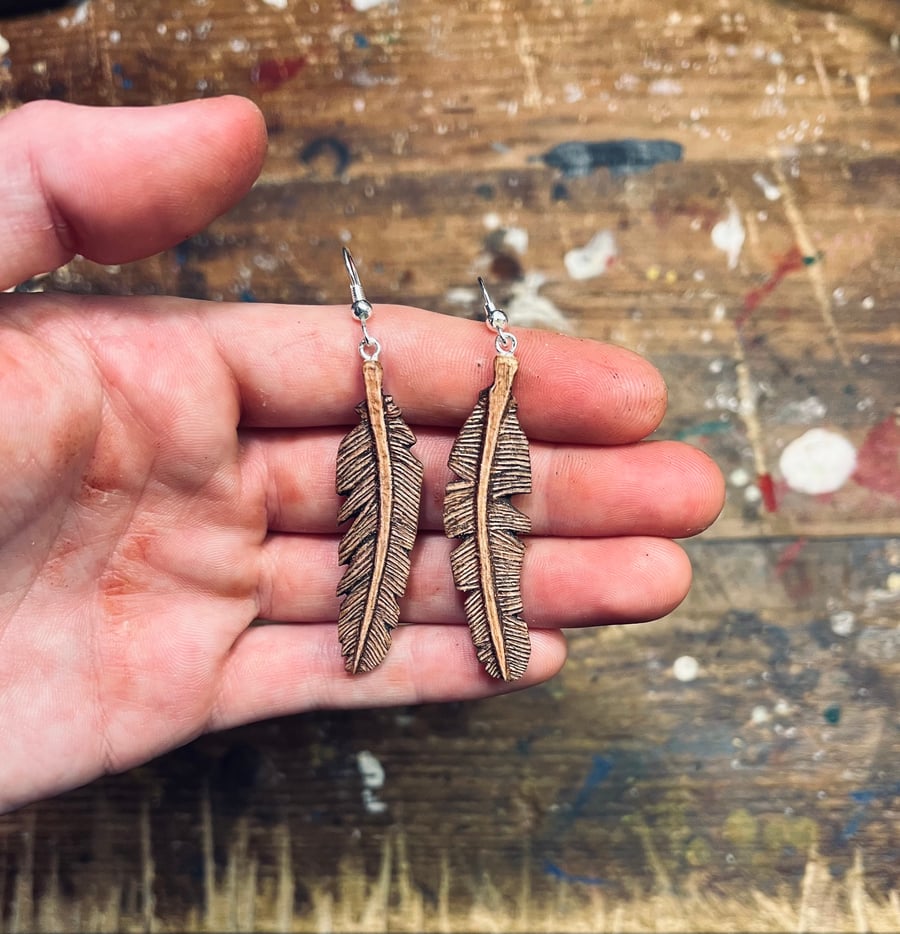 Hand Carved Feather Earrings