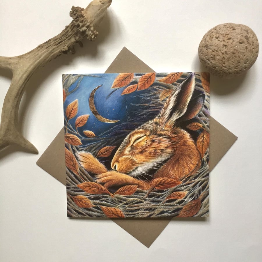 Midnight Hare blank greeting card.