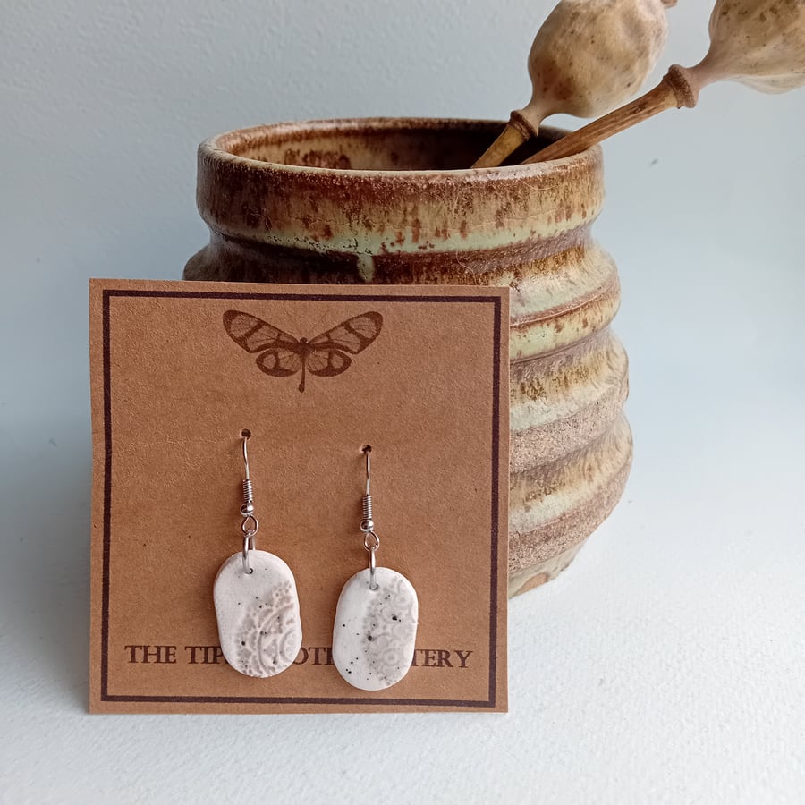  Natural ivory mandala embossed porcelain clay earrings hooks silver plated 