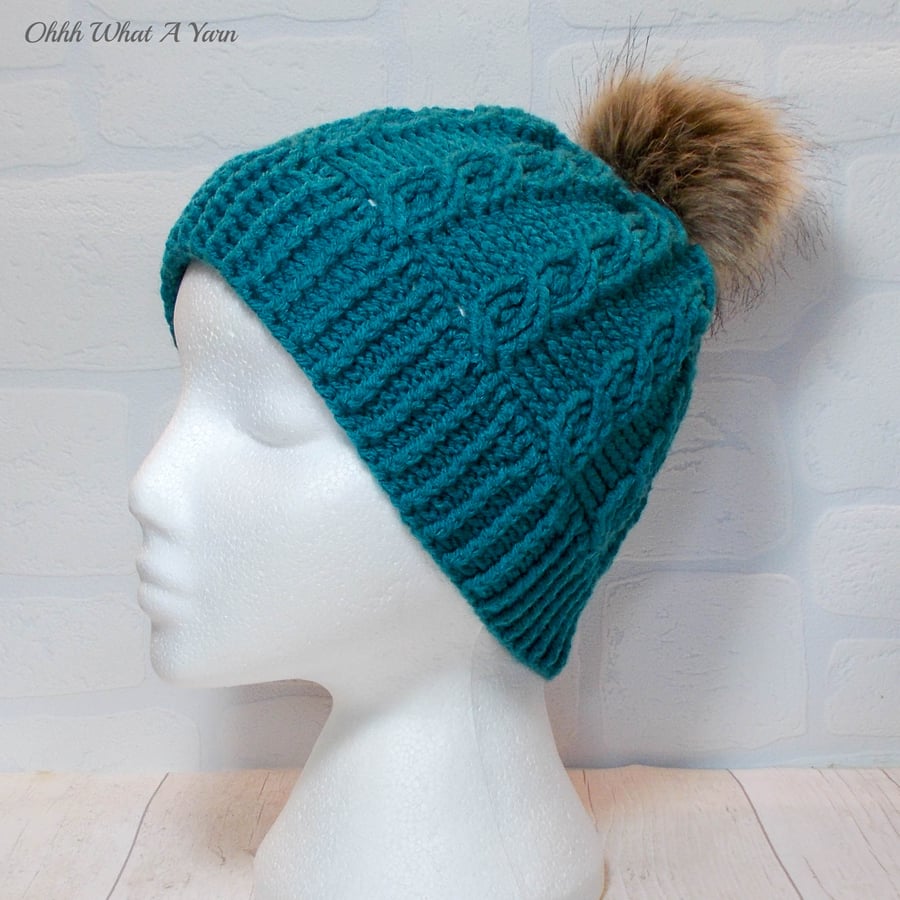 Crochet hat, beanie. Ladies teal cable pom pom hat. Ladies hat.