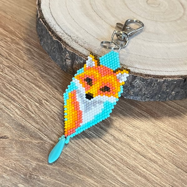 Colourful beadwork fox bag charm or key charm with a Czech glass dagger drop