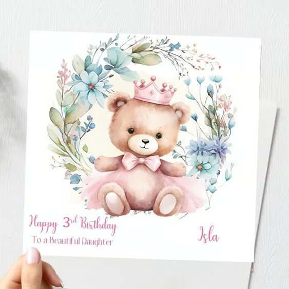 Teddy Bear Princess Birthday card For Girl Happy Birthday Daughter Granddaughter