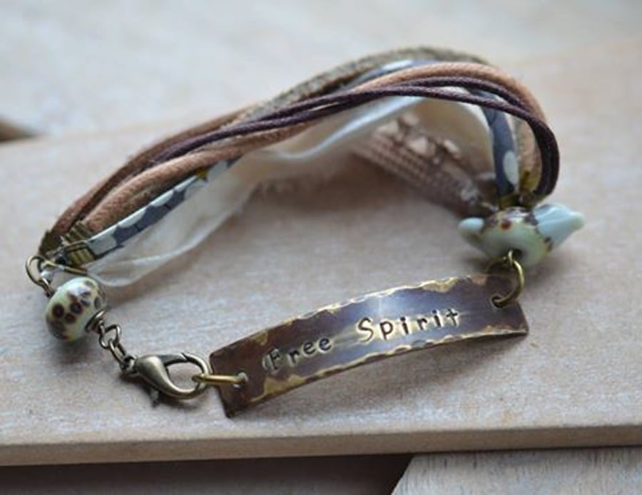 Free Spirit Hand Stamped Brass Bracelet with Lampwork Bird and Bead with Ribbon