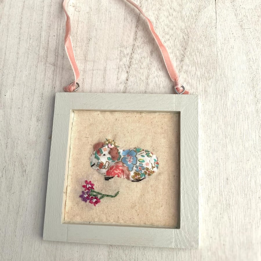 Framed Guinea Pig Appliqué Embroidery Approx 4”