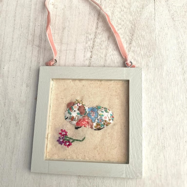 Framed Guinea Pig Appliqué Embroidery Approx 4”