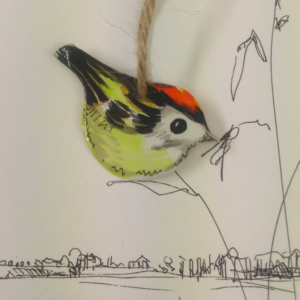 Hanging bird decoration, handmade wooden goldcrest, bird lovers gift