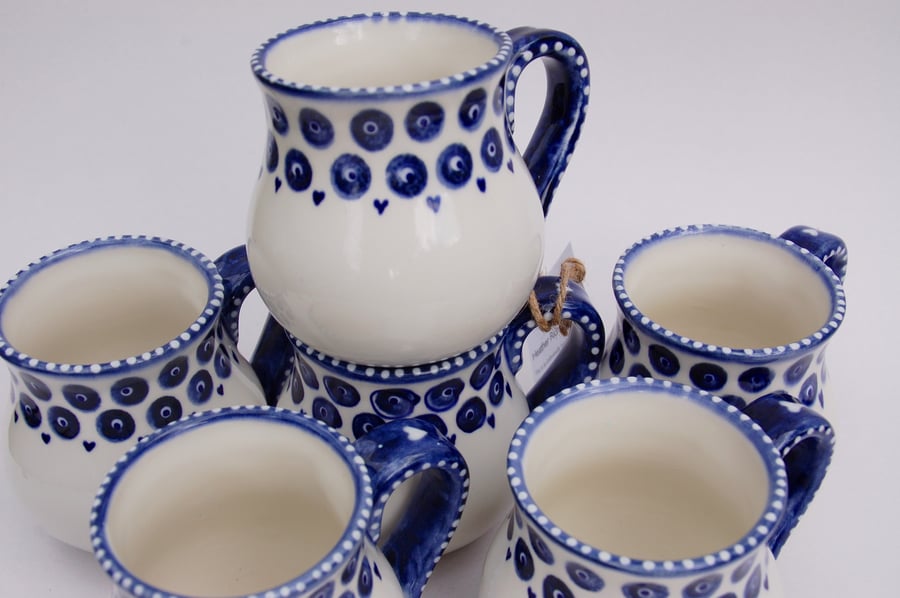 Blue and white, 6 hand painted mugs