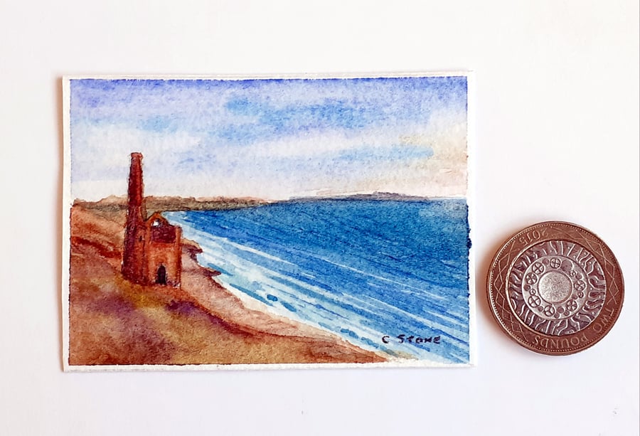 Original ACEO miniature watercolour, Wheal Coates Tin Mine, Cornwall 89 x 64 mm