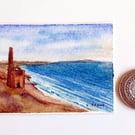 Original ACEO miniature watercolour, Wheal Coates Tin Mine, Cornwall 89 x 64 mm