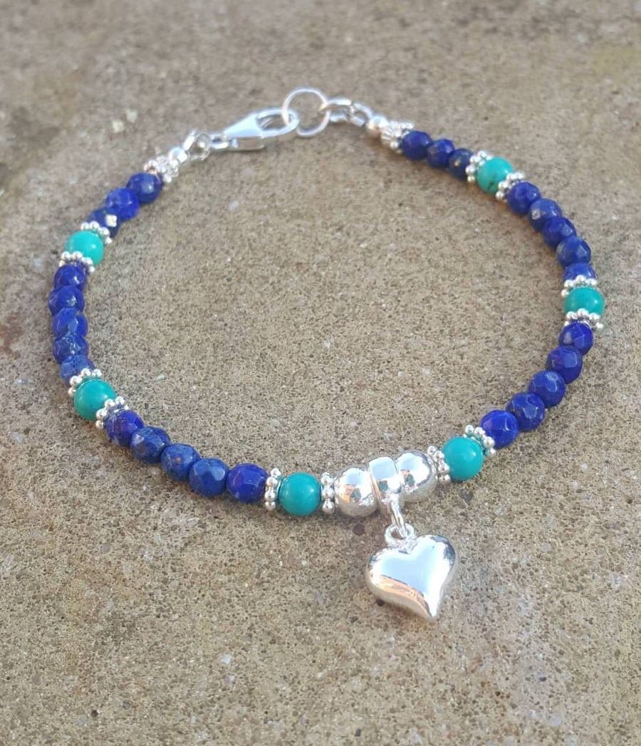 Lapis and Turquoise bracelet with Silver Heart. Blue and turquoise gemstone brac